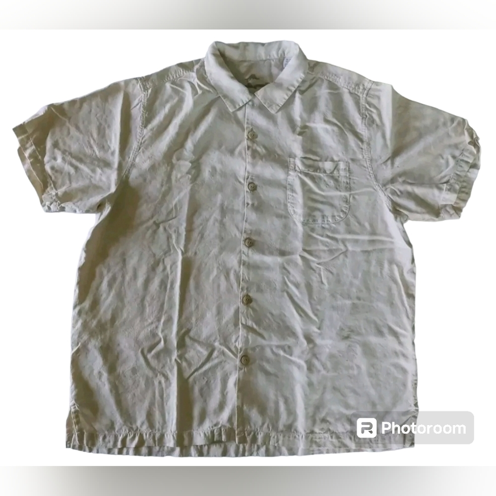 Tommy Bahama Polo Shirt XL Mens White 100% Silk TB93 Reverse Logo Graphic Print